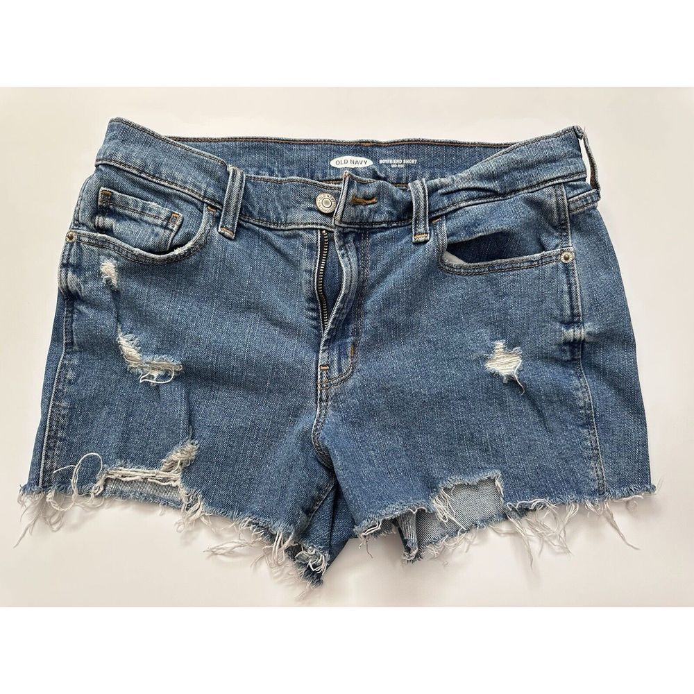 Old Navy Blue Denim Distressed Mid Rise Boyfriend Short Shorts Womens Size 6